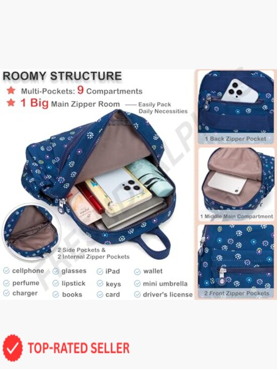 Mini Backpack Purse Small Nylon Anti Theft Travel Bag Water Resistant 9 Pockets main image 6